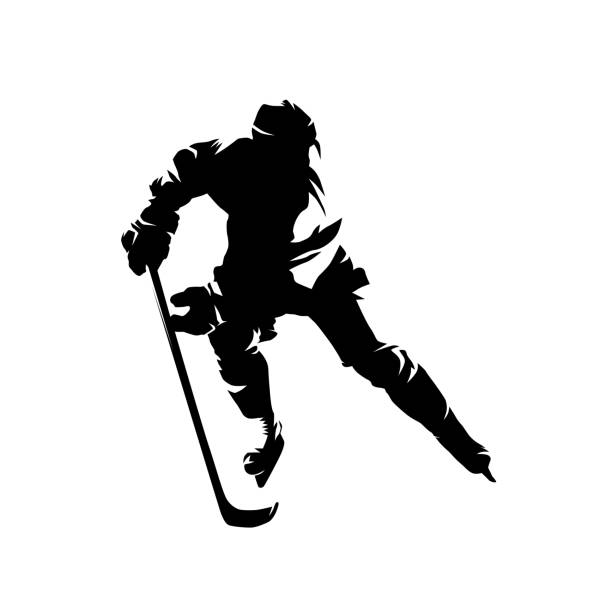 eishockeyspieler, isolierte vektor-silhouette, tintenzeichnung - winter sport team sport hockey puck sport stock-grafiken, -clipart, -cartoons und -symbole