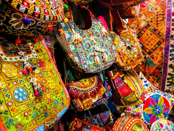 istock Bags and pillows on the flea market in Rishikesh. 1212949375