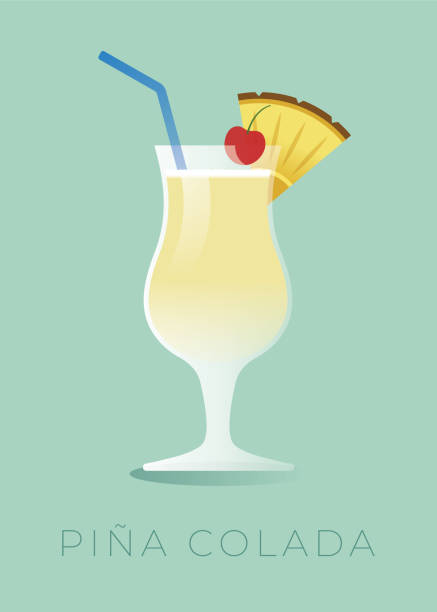Pina Colada cocktail with a piece of pineapple and a cherry. Pina Colada - Puerto Rico’s national cocktail made with rum, pineapple juice, coconut milk, and coconut cream. The cocktail is garnished with a piece of pineapple or a cherry on top. Stock illustration pineapple beach stock illustrations
