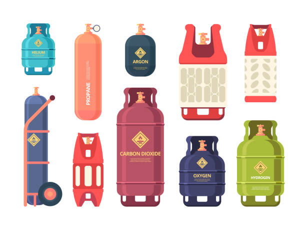 오일 가스 실린더. 액체 압축 가스 또는 공기 산업용 강철 병. 벡터 플랫 일러스트 세트 - gas tank stock illustrations