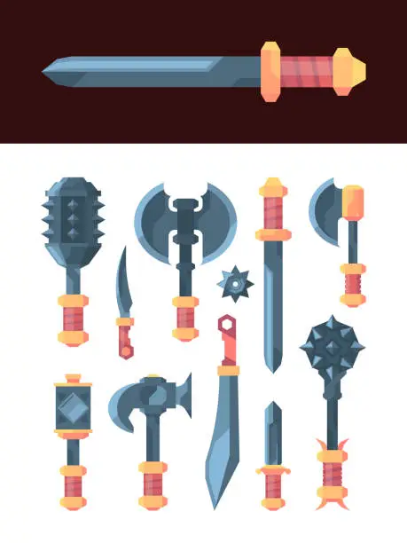 Vector illustration of fairytale weapons. medieval perky knives steel axes clubs and swords for warriors or knights. vector weapons for games