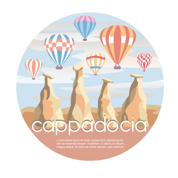 Cappadocia, Turkey. Modern vector illustration with a famous turkish landmark in the flat style. Cappadocia, Turkey. Modern vector illustration with a famous turkish landmark in the flat style. The fairy chimneys, rocks, stones, and bright colorful hot air ballons in the sky. Travel conception. cappadocia balloon stock illustrations