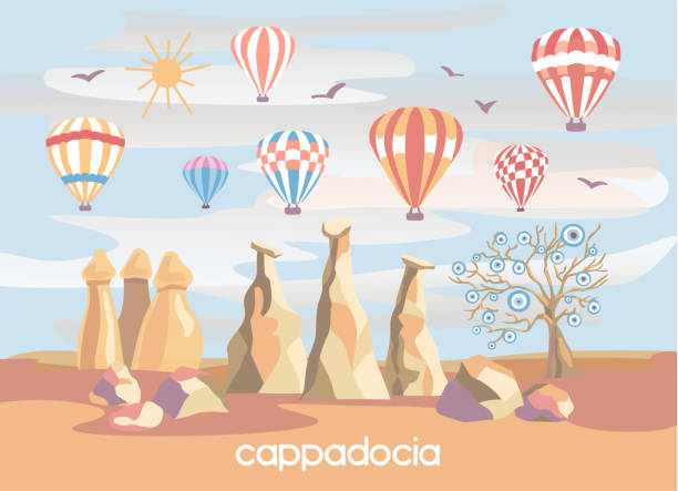 Vector illustration Cappadocia, Turkey. Famous turkish travel destination in modern flat style. Vector illustration Cappadocia, Turkey. Famous turkish travel destination in modern flat style. The fairy chimneys, rocks, stones, evil tree and colorful stripped hot air ballons in the cloudy sky. cappadocia balloon stock illustrations