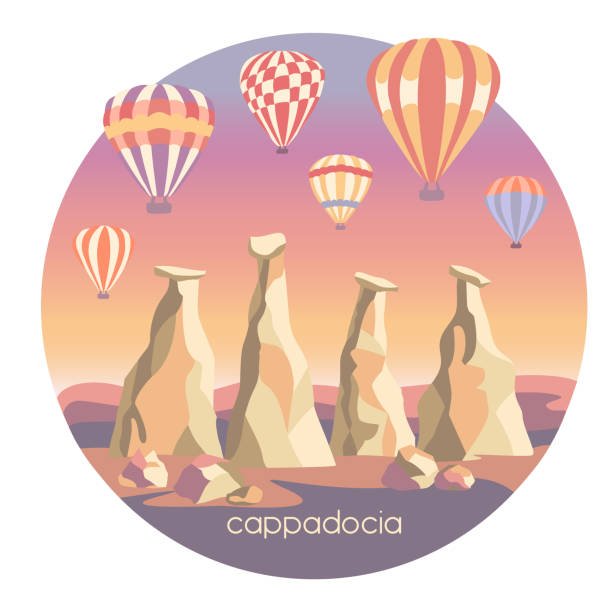 Cappadocia, Turkey. Travel illustration of a famous turkish landmark. Cappadocia, Turkey. Travel illustration of a famous turkish landmark. The fairy chimneys, rocks, stones, bright colorful hot air ballons in the sunset sky. Card, template, banner and poster design. cappadocia balloon stock illustrations