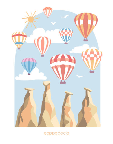 Vector travel illustration of Cappadocia, Turkey. Modern flat illustration of a famous turkish landmark. Vector travel illustration of Cappadocia, Turkey. Modern flat illustration of a famous turkish landmark. The fairy chimneys, rocks, stones, bright colorful hot air ballons. Vertical banner design. cappadocia balloon stock illustrations