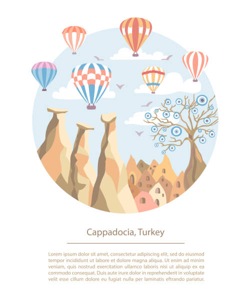 Vector illustration Cappadocia, TUrkey in modern flat style. Vector illustration Cappadocia, TUrkey in modern flat style. Fairy chimneys, Evil tree, hot air balloons. Circle composition with doodle elements on the vertical template with place for your text. cappadocia balloon stock illustrations