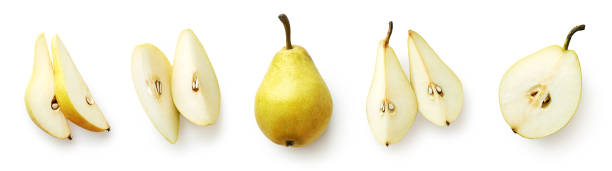 set of fresh pear isolated on white background - pera imagens e fotografias de stock