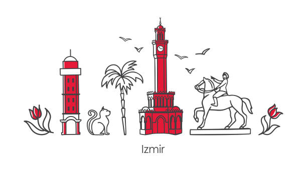 ilustrações, clipart, desenhos animados e ícones de ilustração vetorial símbolos e pontos turísticos de izmir, turquia. - torre de relógio