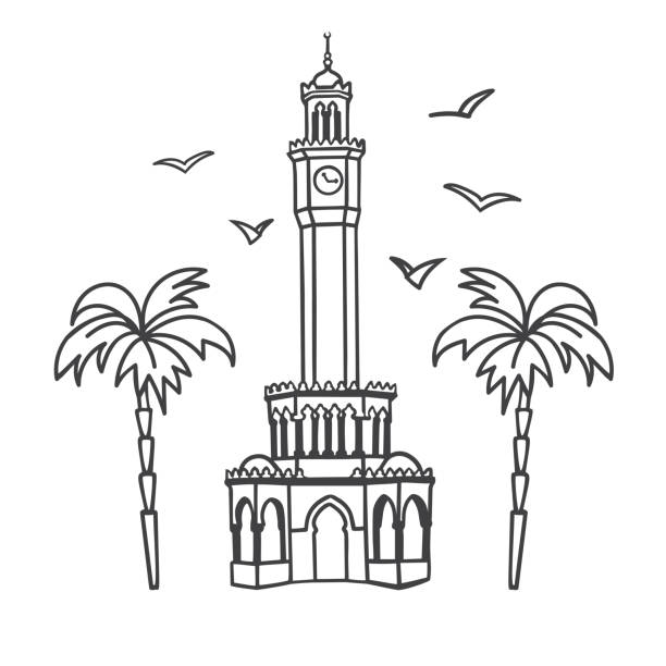 ilustrações, clipart, desenhos animados e ícones de ilustração vetorial da torre do relógio em izmir, turquia. - izmir