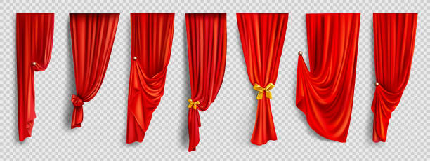 Red window curtains on transparent background Red window curtains set, folded cloth for interior decoration realistic vector isolated on transparent background. Soft scarlet clear material, fabric drapery of different form golden pin illustration bow hair bow ribbon gold stock illustrations