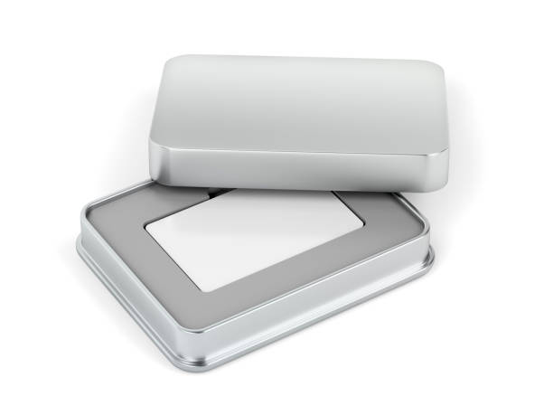 istock Blank white card and metal box 1212961241