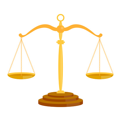 Court scales. Justice balance symbol and lawyers equality sign, lawfulness and judgement icon isolated on white. Vector illustration.
