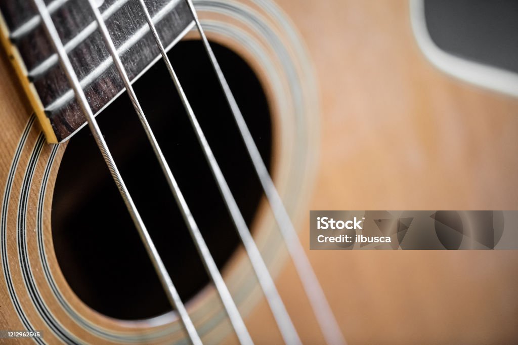 Acoustic bass guitar close up Musical Instrument String Stock Photo