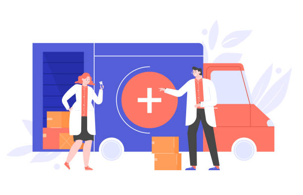 Scientists doctors characters near a truck with boxes of drugs. Scientists doctors characters near a truck with boxes of drugs. Vaccine found from the virus. Medicines delivery to pharmacies and home. Vector flat illustration. emergency first response stock illustrations