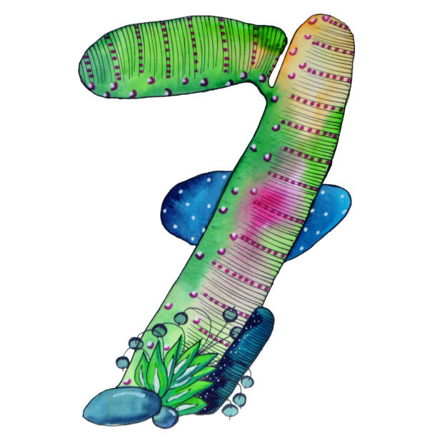 istock Cactus fantasy watercolor illustration of number seven 1212964009