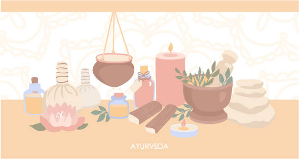 Vector illustration Ayurveda. Horizontal web banner design with objects for Ayurvedic massage. Vector illustration Ayurveda. Horizontal web banner design with objects for Ayurvedic massage. Shirodhara treatment equipment in modern flat style with Mehndi ornament on the background. healthcare fitness and herbal medicine banner set stock illustrations