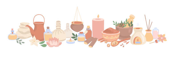 Vector illustration Ayurveda in modern flat style. Hand drawn elements for Ayurvedic massage and Aromatherapy. Vector illustration Ayurveda in modern flat style. Hand drawn elements for Ayurvedic massage and Aromatherapy. Long horizontal banner on Spa, Wellness, Body Care theme. healthcare fitness and herbal medicine banner set stock illustrations