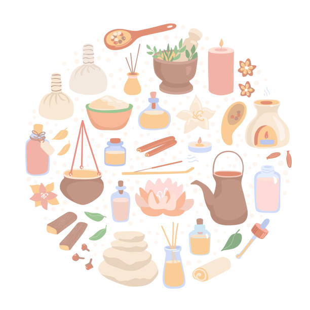 ilustrações de stock, clip art, desenhos animados e ícones de vector illustration ayurveda. big set of ayurvedic massage symbols. hand drawn flat objects in the circle composition. - white background container silverware dishware