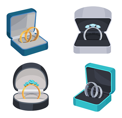 Precious ring with diamonds in opened box flat vector icons set. Wedding ring with gems in grey container illustration isolated on white background