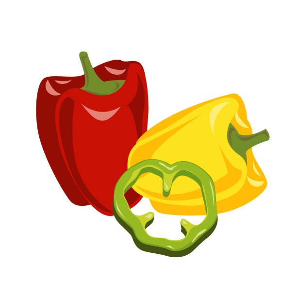 ilustrações, clipart, desenhos animados e ícones de amarelo, vermelho e gree bell pepper composição, legumes definidos. ícone plano de ilustração vetorial isolado em branco - green bell pepper illustrations