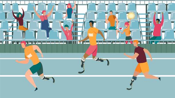 illustrazioni stock, clip art, cartoni animati e icone di tendenza di spettatori che tirano su gli sportivi con un bisogno speciale - spectator