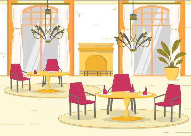 Base Horeca Interior, Hall for Celebration Event. Base Horeca Interior. Hall for Celebration Different Event, Anniversary, Birthday or Wedding. Restaurant with Luxury Furniture. Food Service Industry Flat Cartoon Vector Illustration. indoors bar restaurant sofa stock illustrations