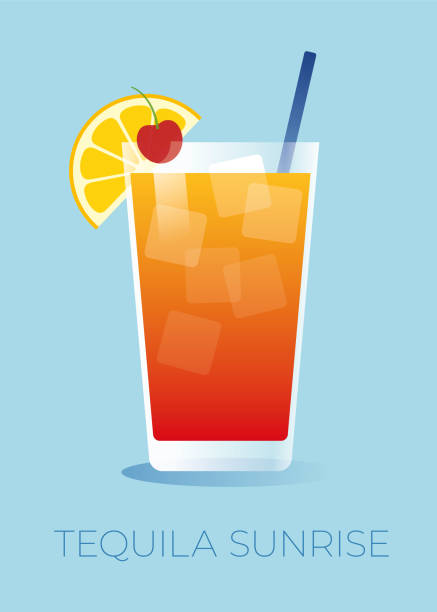 ilustraciones, imágenes clip art, dibujos animados e iconos de stock de cóctel tequila sunrise con una rodaja de naranja y una cereza. - tequila reposado