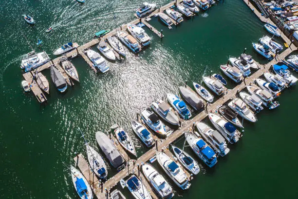 leisure view, many yacht parking near the shore of Sai Kung, countryside of Hong Kong, aerial view