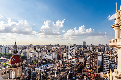 Buenos Aires Skyline at sunset - Aerial view of the city. Monserrat district.