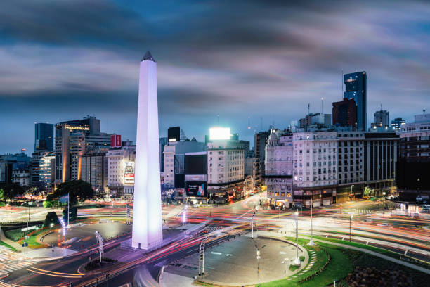 istock Obelisco de Buenos Aires - long exposure with traffic's lights and moving clouds 1212980381