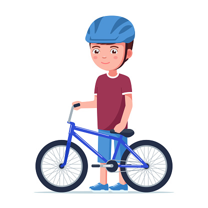 Boy stands with a bmx bike. Vector illustration cartoon kid in a helmet standing next to a small children bicycle. Smiling boy holds a blue sports BMX bike isolated on white.