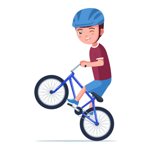 ilustraciones, imágenes clip art, dibujos animados e iconos de stock de niño monta una bicicleta bmx en la rueda trasera - bmx cycling sport teenagers only teenager