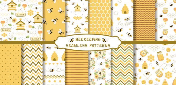 Apiary beekeeping seamless patterns set Organic honey making background collection Vector bee wallpaper Apiary and beekeeping seamless patterns set. Organic honey making print yellow background collection. Cute bees, beehive, honeycomb, sweet honey, cells, lines, zigzag, honey jar. Vector illustration. bee patterns stock illustrations