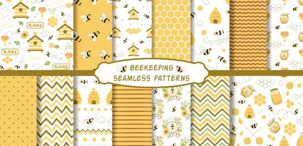 Vector illustration of Apiary beekeeping seamless patterns set Organic honey making background collection Vector bee wallpaper
