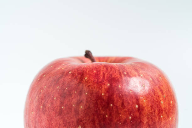 sosteniendo una manzana en la mano desde abajo aislada sobre fondo blanco - single hit fotografías e imágenes de stock