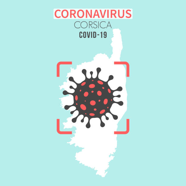 illustrazioni stock, clip art, cartoni animati e icone di tendenza di mappa della corsica con una cellula coronavirus (covid-19) nel mirino rosso - ajaccio
