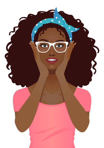 junge frau trägt brille - looking at camera smiling african ethnicity white background stock-grafiken, -clipart, -cartoons und -symbole