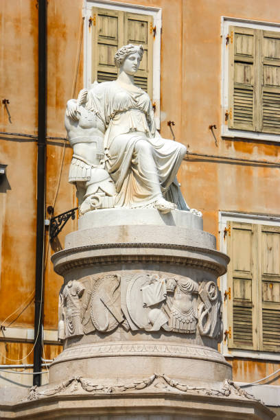Famous resort Pesaro in Italy. Fountain with lions on the square Piazza del Popolo. Details.