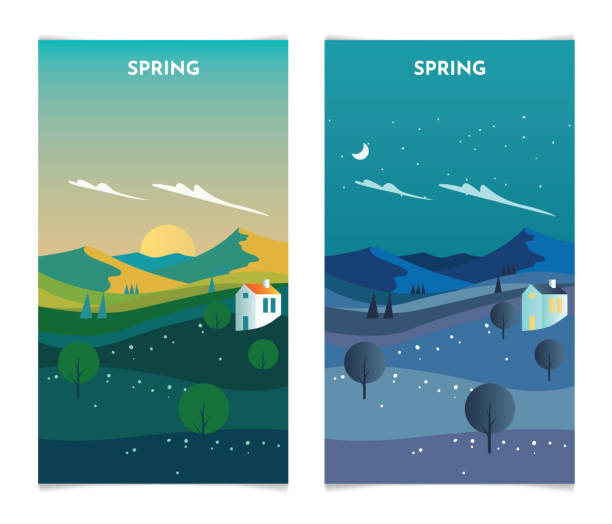 ilustrações, clipart, desenhos animados e ícones de paisagem da primavera de dia e à noite. banners da temporada de primavera definem ilustração vetorial de modelo - spring clear sky night summer