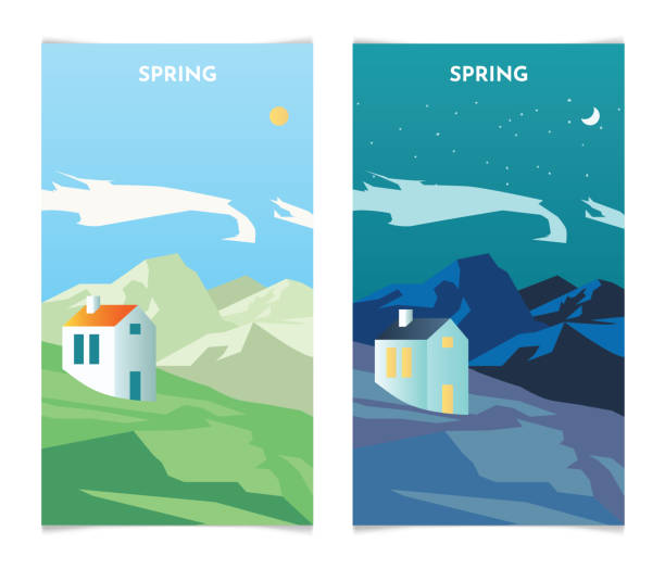 ilustrações, clipart, desenhos animados e ícones de paisagem da primavera de dia e à noite. banners da temporada de primavera definem ilustração vetorial de modelo - spring clear sky night summer