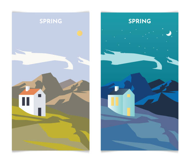 ilustrações, clipart, desenhos animados e ícones de paisagem da primavera de dia e à noite. banners da temporada de primavera definem ilustração vetorial de modelo - spring clear sky night summer