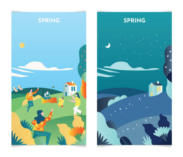 ilustrações, clipart, desenhos animados e ícones de paisagem da primavera de dia e à noite. banners da temporada de primavera definem ilustração vetorial de modelo - spring clear sky night summer