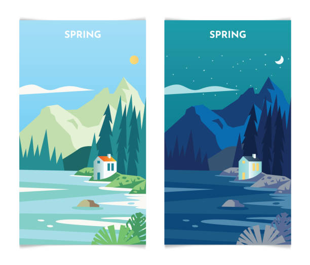 ilustrações, clipart, desenhos animados e ícones de paisagem da primavera de dia e à noite. banners da temporada de primavera definem ilustração vetorial de modelo - spring clear sky night summer