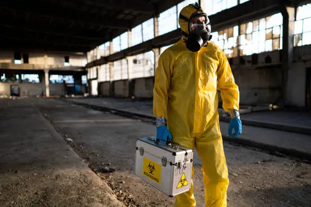 Man in protective workwear examining radioactive ruined building.