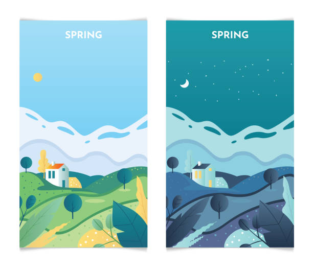 ilustrações, clipart, desenhos animados e ícones de paisagem da primavera de dia e à noite. banners da temporada de primavera definem ilustração vetorial de modelo - spring clear sky night summer