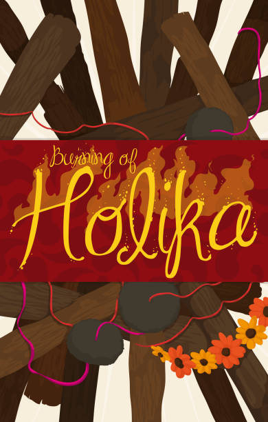 illustrations, cliparts, dessins animés et icônes de bois de chauffage, bouses de vache, fleurs de marigold et signe brûlant pour holika dahan - devotee