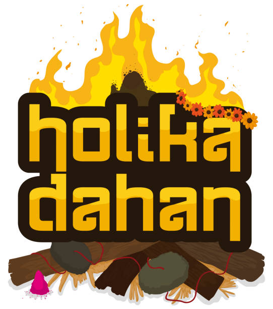 illustrations, cliparts, dessins animés et icônes de signez avec le pyre traditionnel et les éléments pour l’holika dahan - devotee