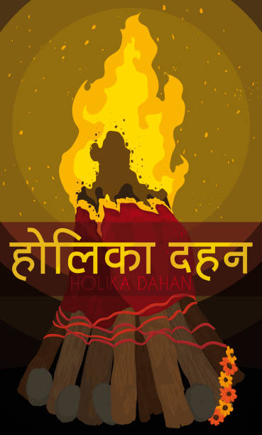 illustrations, cliparts, dessins animés et icônes de pyre avec l’étiquette annonçant holika dahan et début de holi - devotee
