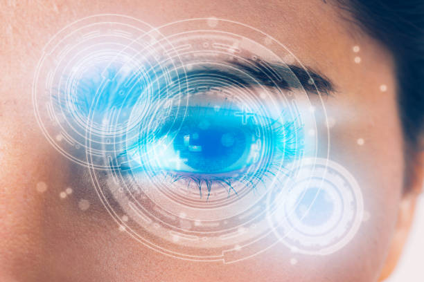 istock Closeup of beautiful eye woman process scanning with technology, visual hologram, digital display information, medical and security computer with identity, system and verification concept. 1212986213