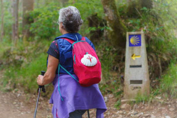 peregrino caminhando ao longo da estrada para santiago, espanha - peregrino - fotografias e filmes do acervo